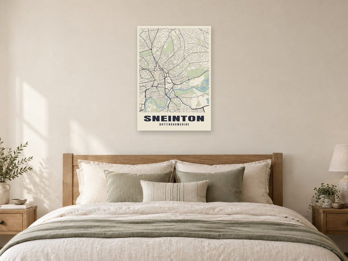 Sneinton Street Map Poster at A1, as a poster, above a bed