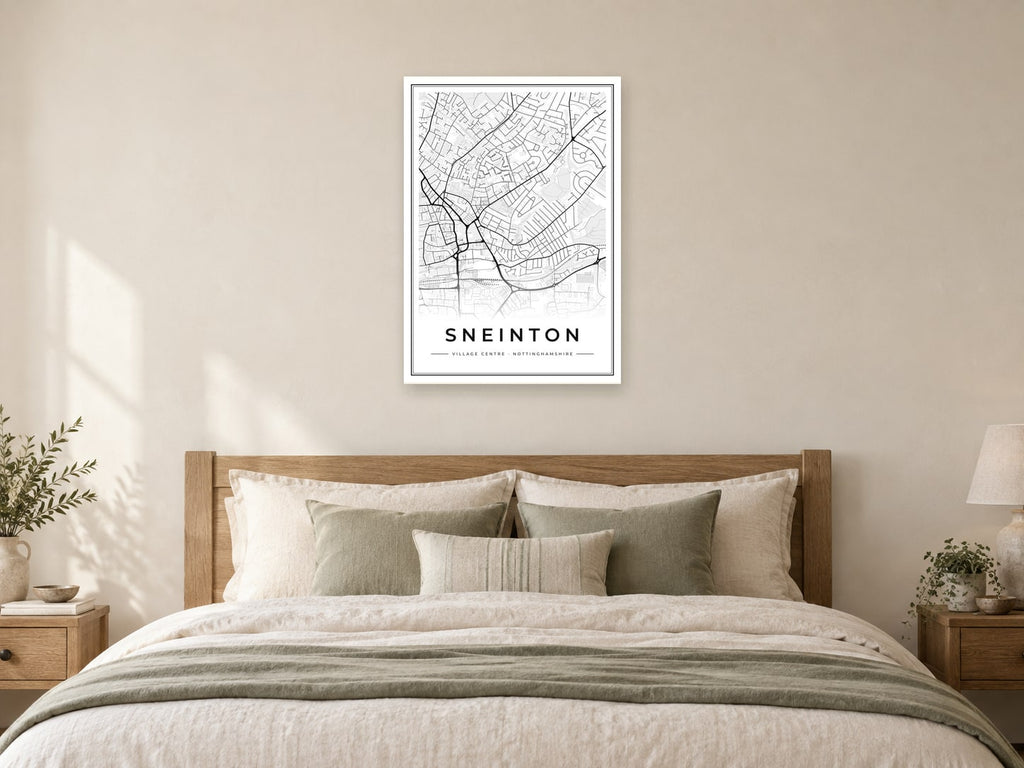 Sneinton Village Centre Street Map Poster at A1, as a poster, above a bed