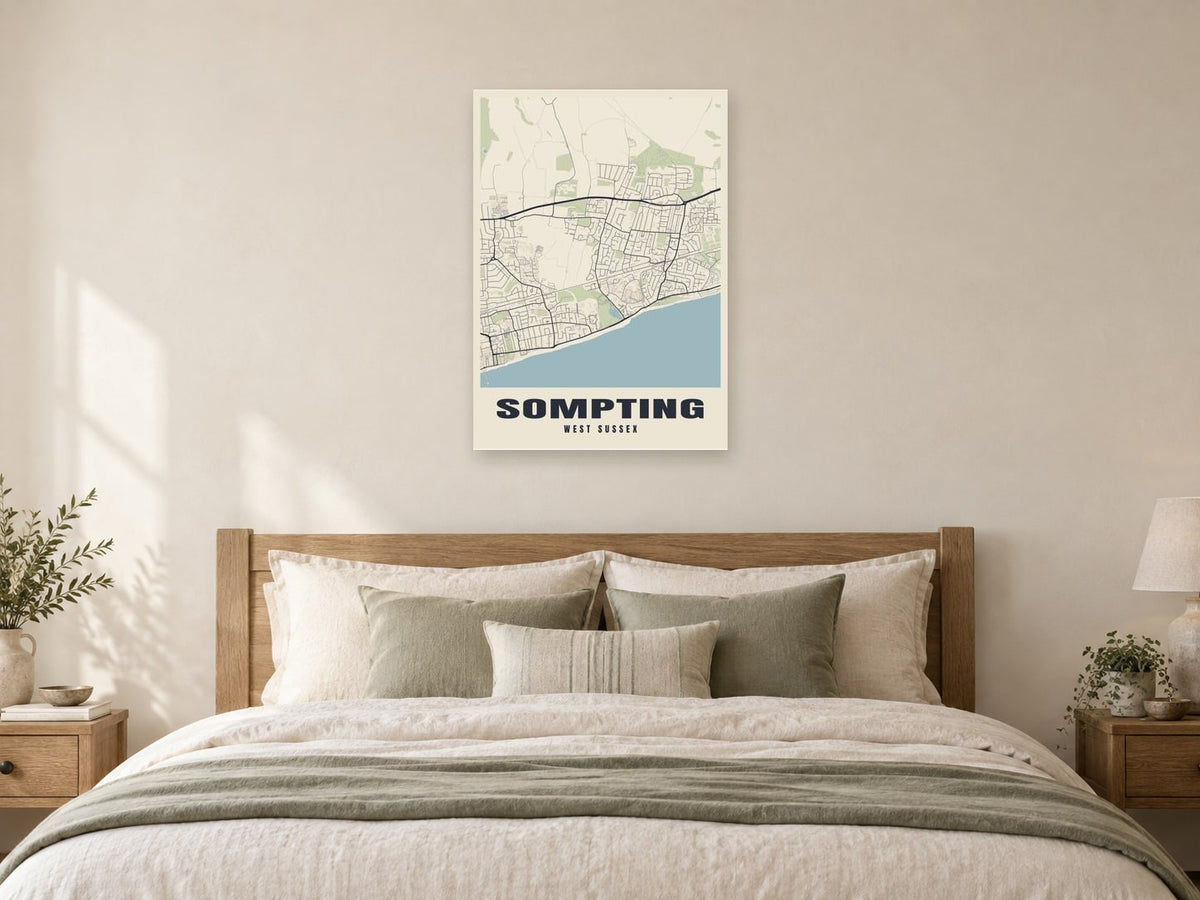 Sompting Street Map Poster at A1, as a poster, above a bed