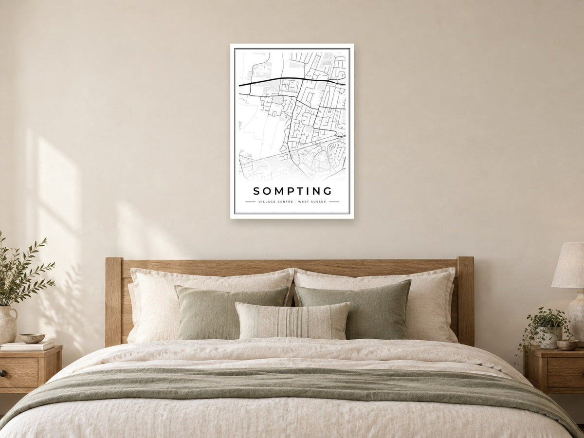 Sompting Village Centre Street Map Poster at A1, as a poster, above a bed