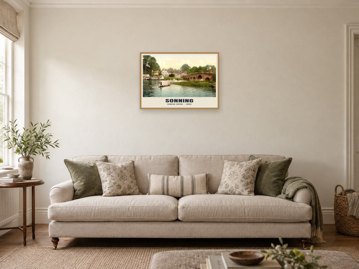 Sonning Bridge, 1890s Heritage Print at A2, in a natural wood frame, in a sitting room