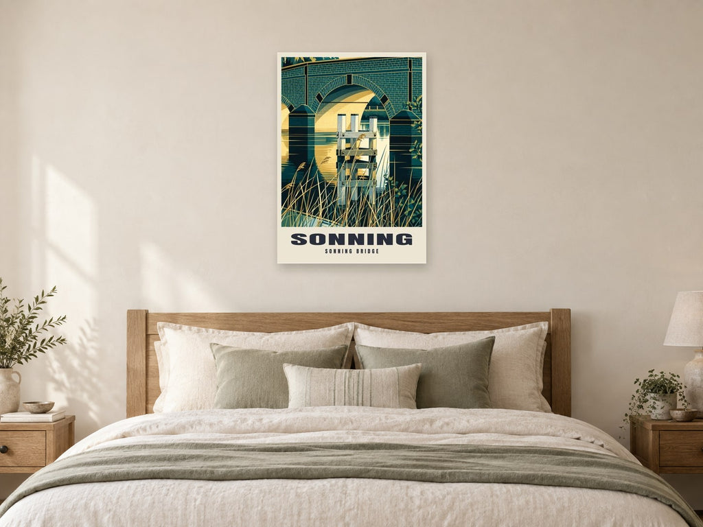 Sonning Bridge Poster at A1, as a poster, above a bed