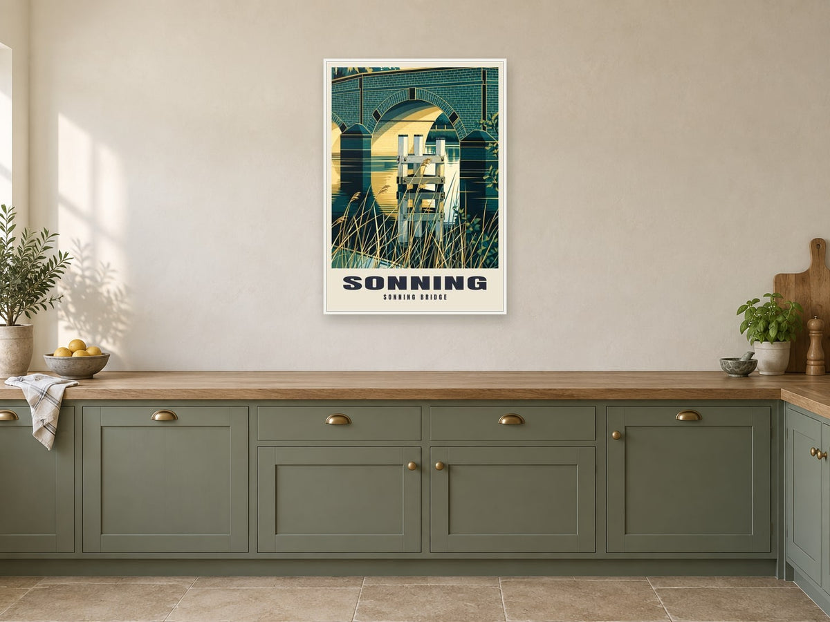 Sonning Bridge Poster at A1, in a white frame, in a kitchen