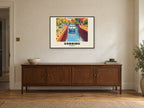 Sonning Poster — Sonning Lock at A1, in a black frame, above a sideboard