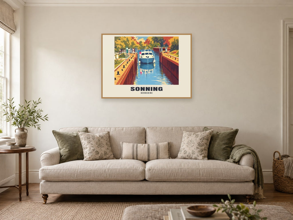 Sonning Poster — Sonning Lock at A1, in a natural wood frame, in a sitting room