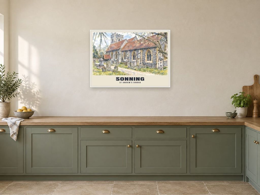 St Andrew's Church, Sonning Poster at A1, in a white frame, in a kitchen