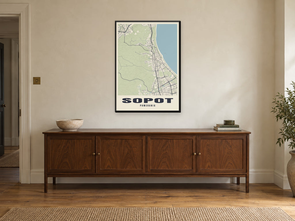Sopot Street Map Poster at A1, in a black frame, above a sideboard
