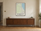 Sopot Street Map Poster at A1, in a black frame, above a sideboard
