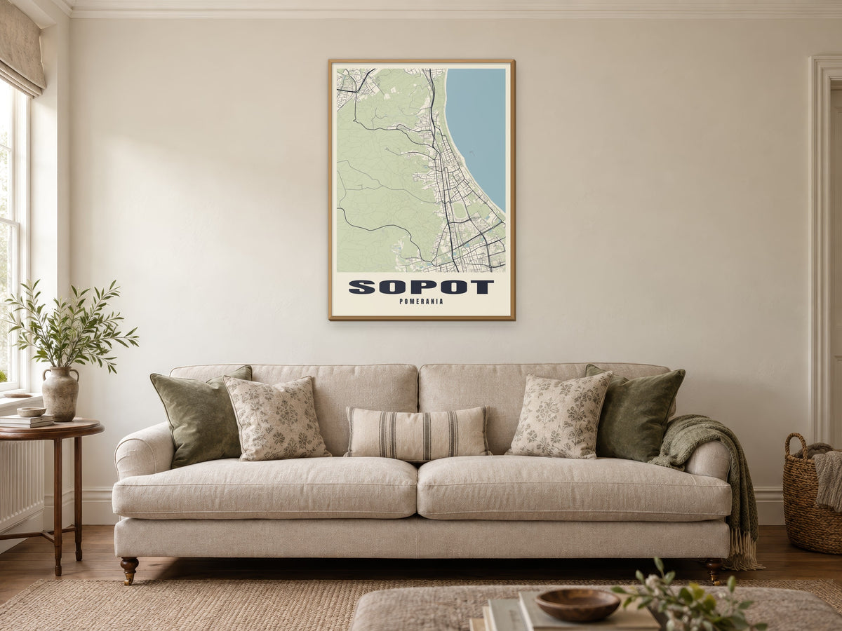 Sopot Street Map Poster at A1, in a natural wood frame, in a sitting room