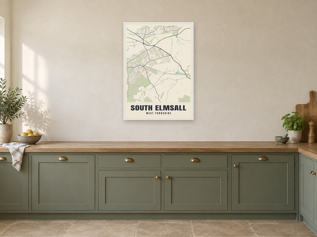 South Elmsall Street Map Poster at A1, in a white frame, in a kitchen