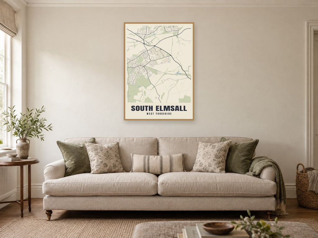 South Elmsall Street Map Poster at A1, in a natural wood frame, in a sitting room