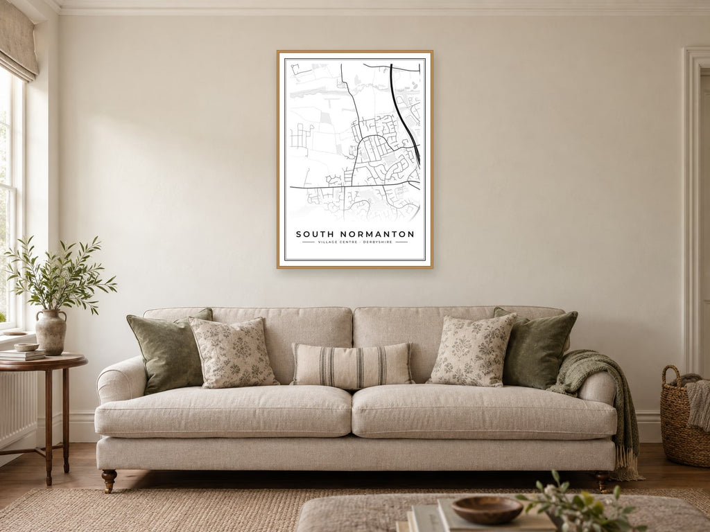 South Normanton Village Centre Street Map Poster at A1, in a natural wood frame, in a sitting room
