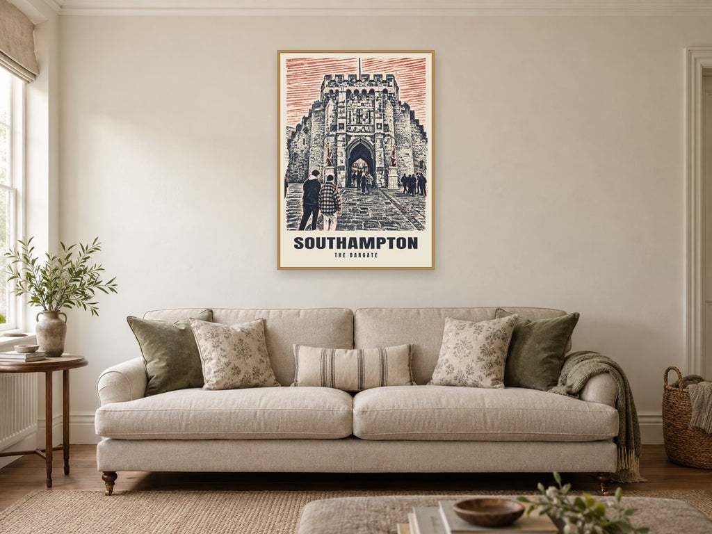 The Bargate, Southampton Poster at A1, in a natural wood frame, in a sitting room