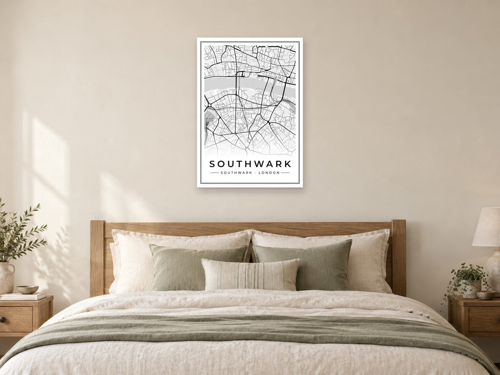 Southwark Street Map Poster at A1, as a poster, above a bed