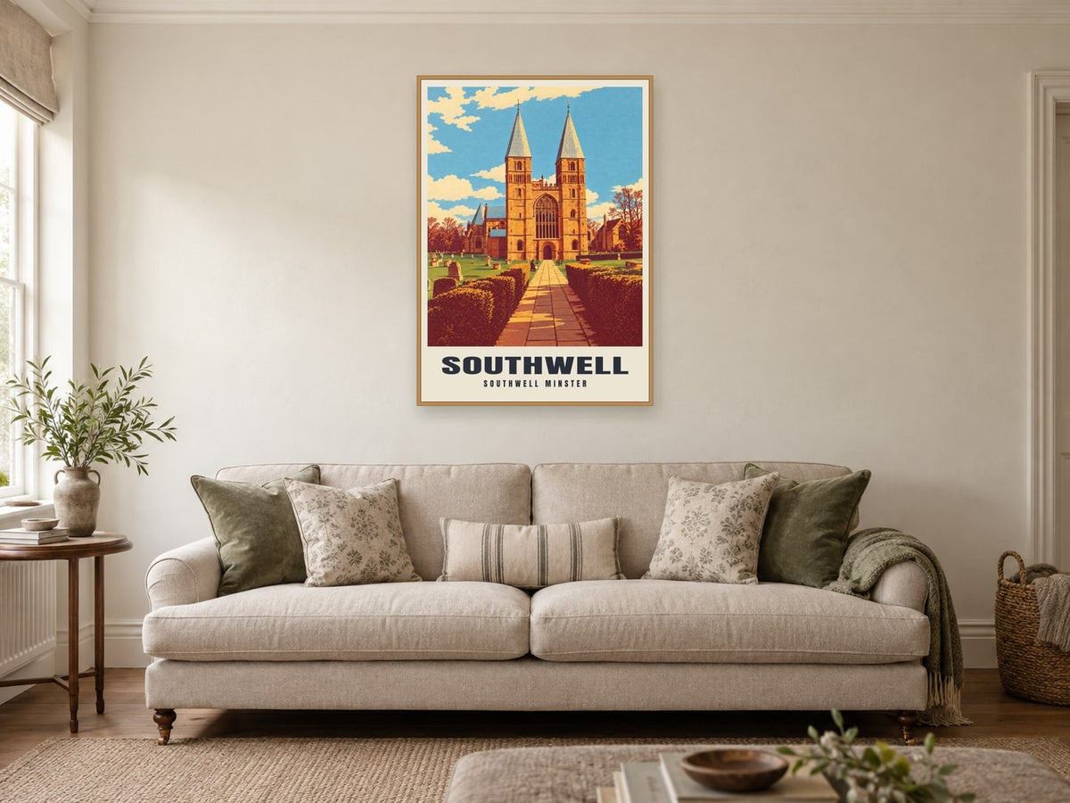 Southwell Minster Poster at A1, in a natural wood frame, in a sitting room
