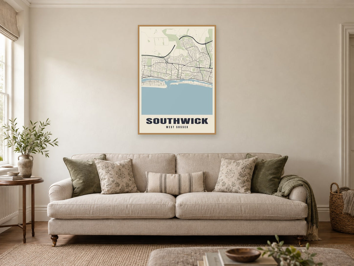 Southwick Street Map Poster at A1, in a natural wood frame, in a sitting room
