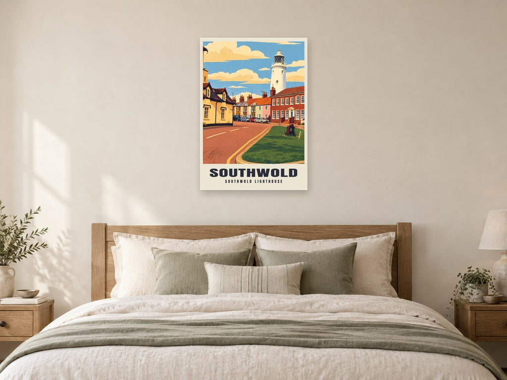Southwold Lighthouse Poster at A1, as a poster, above a bed