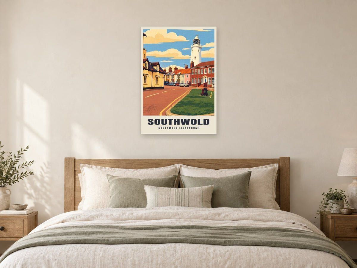 Southwold Lighthouse Poster at A1, as a poster, above a bed
