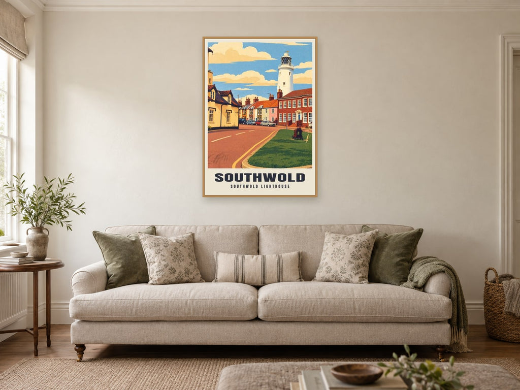 Southwold Lighthouse Poster at A1, in a natural wood frame, in a sitting room