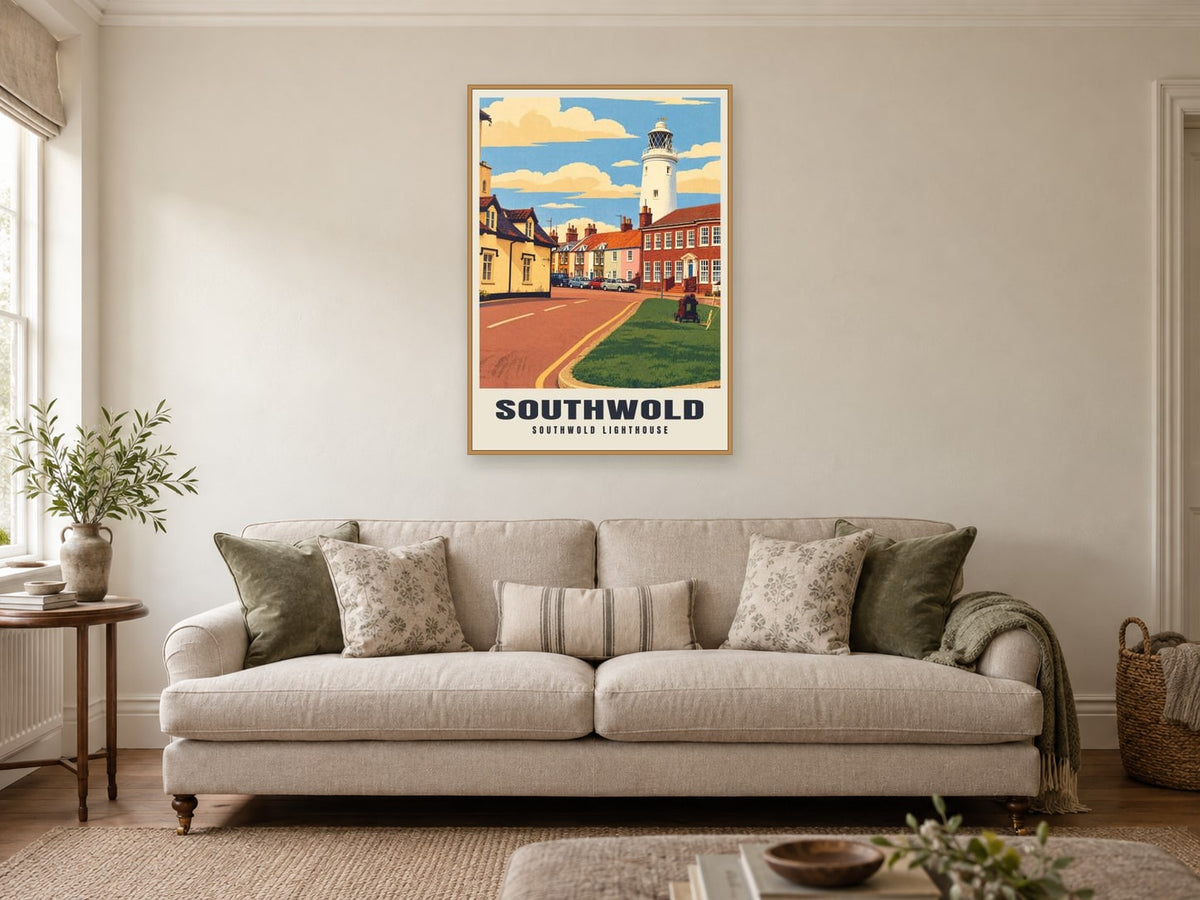 Southwold Lighthouse Poster at A1, in a natural wood frame, in a sitting room
