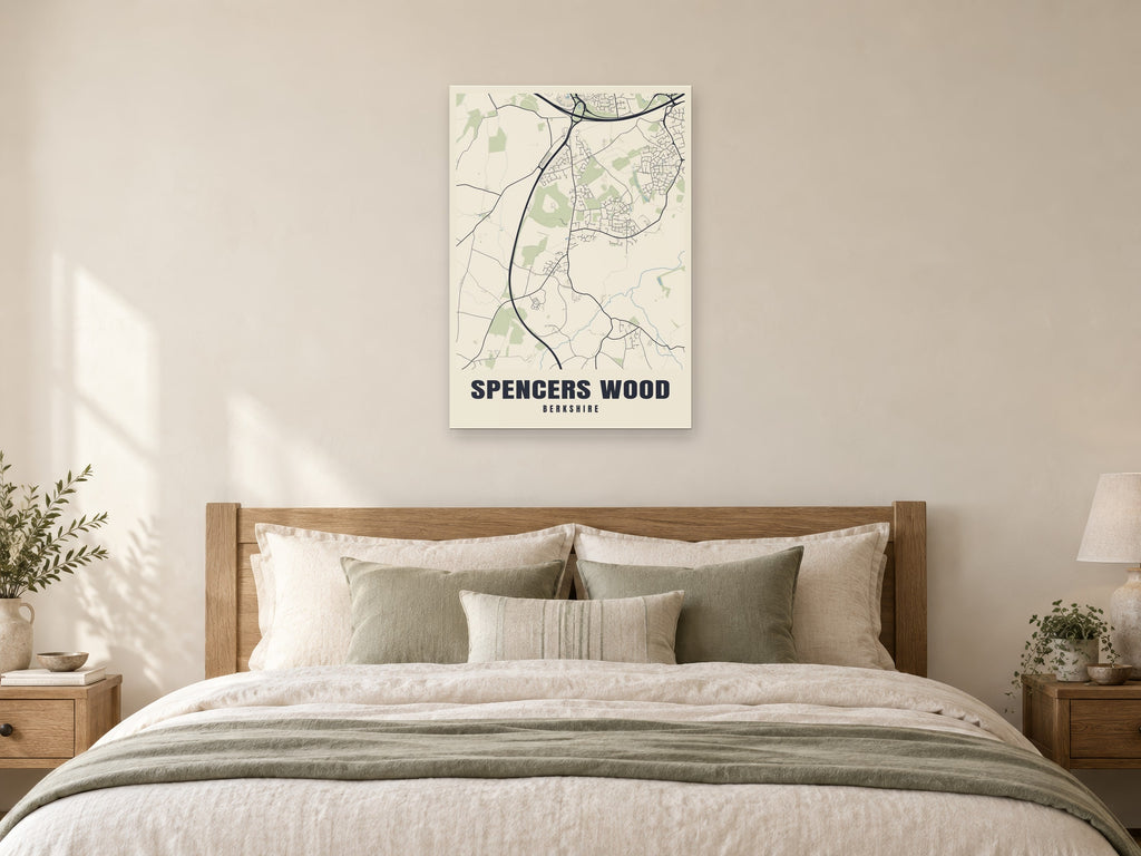 Spencers Wood Street Map Poster at A1, as a poster, above a bed