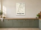 Spencers Wood Street Map Poster at A1, in a white frame, in a kitchen