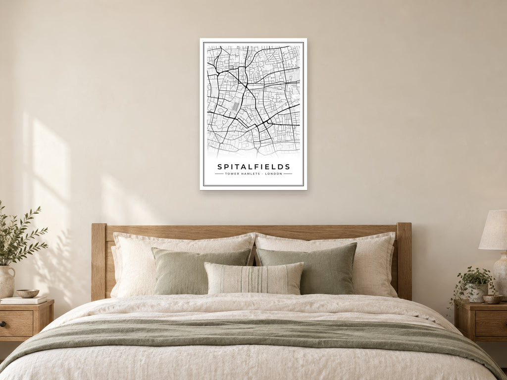 Spitalfields Street Map Poster at A1, as a poster, above a bed