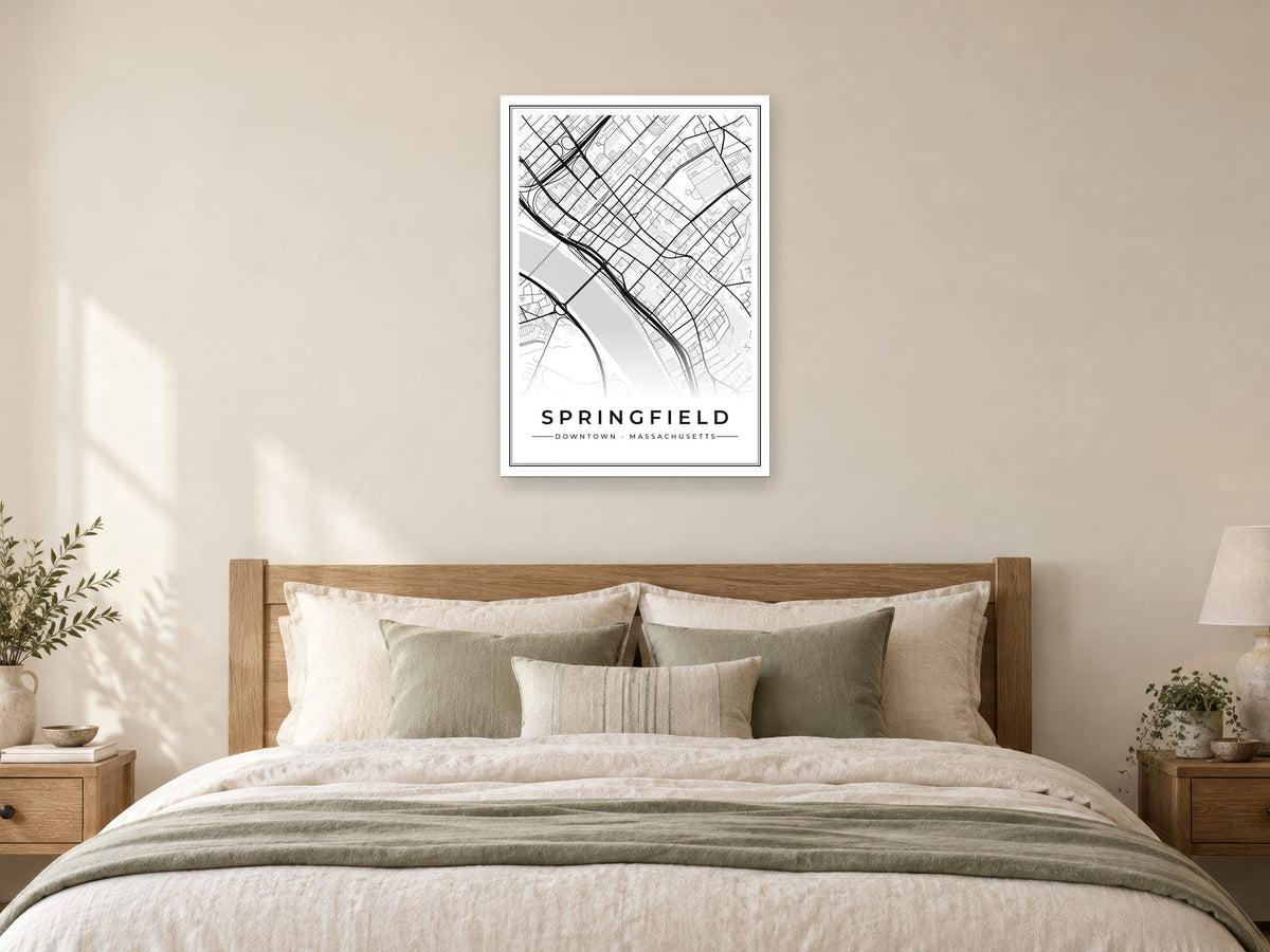 Springfield Downtown Street Map Poster at A1, as a poster, above a bed