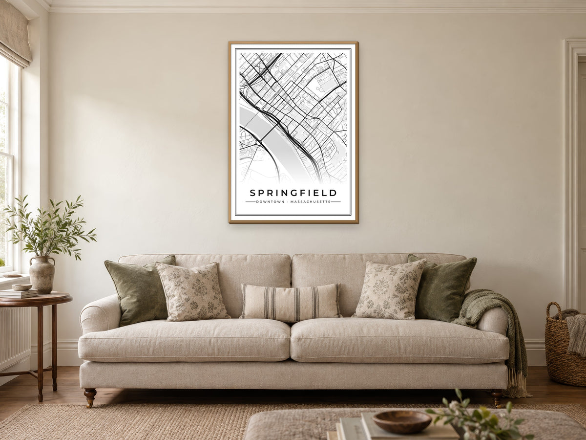 Springfield Downtown Street Map Poster at A1, in a natural wood frame, in a sitting room