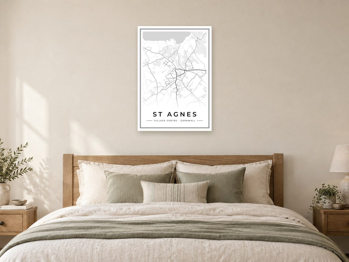 St Agnes Village Centre Street Map Poster at A1, as a poster, above a bed