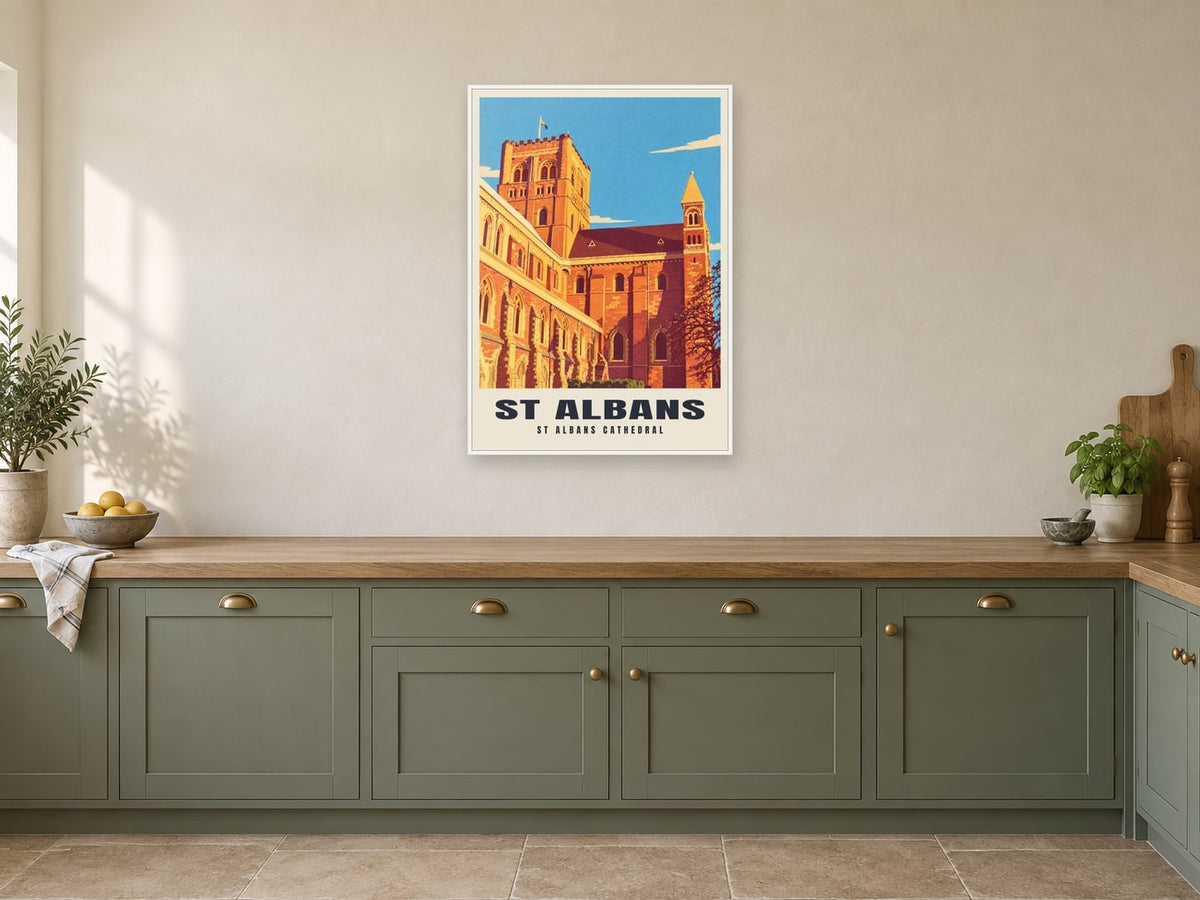 St Albans Cathedral Poster at A1, in a white frame, in a kitchen