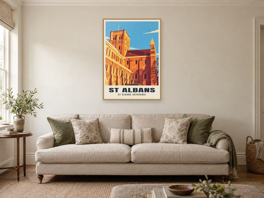 St Albans Cathedral Poster at A1, in a natural wood frame, in a sitting room