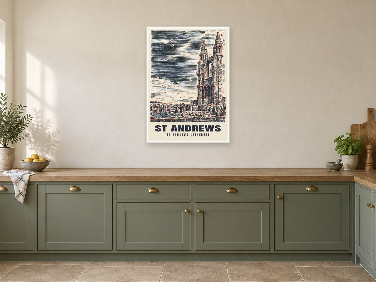 St Andrews Cathedral Poster at A1, in a white frame, in a kitchen