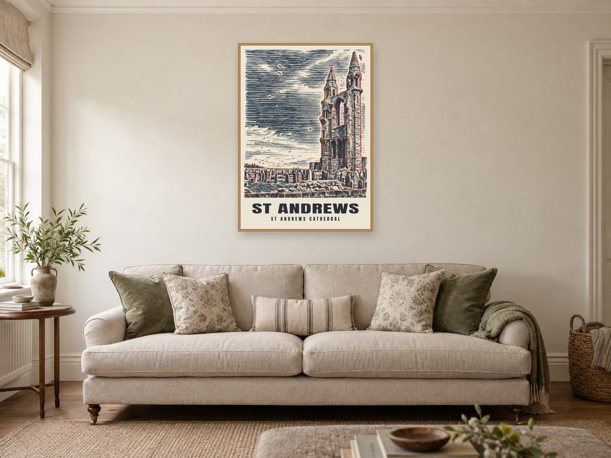 St Andrews Cathedral Poster at A1, in a natural wood frame, in a sitting room