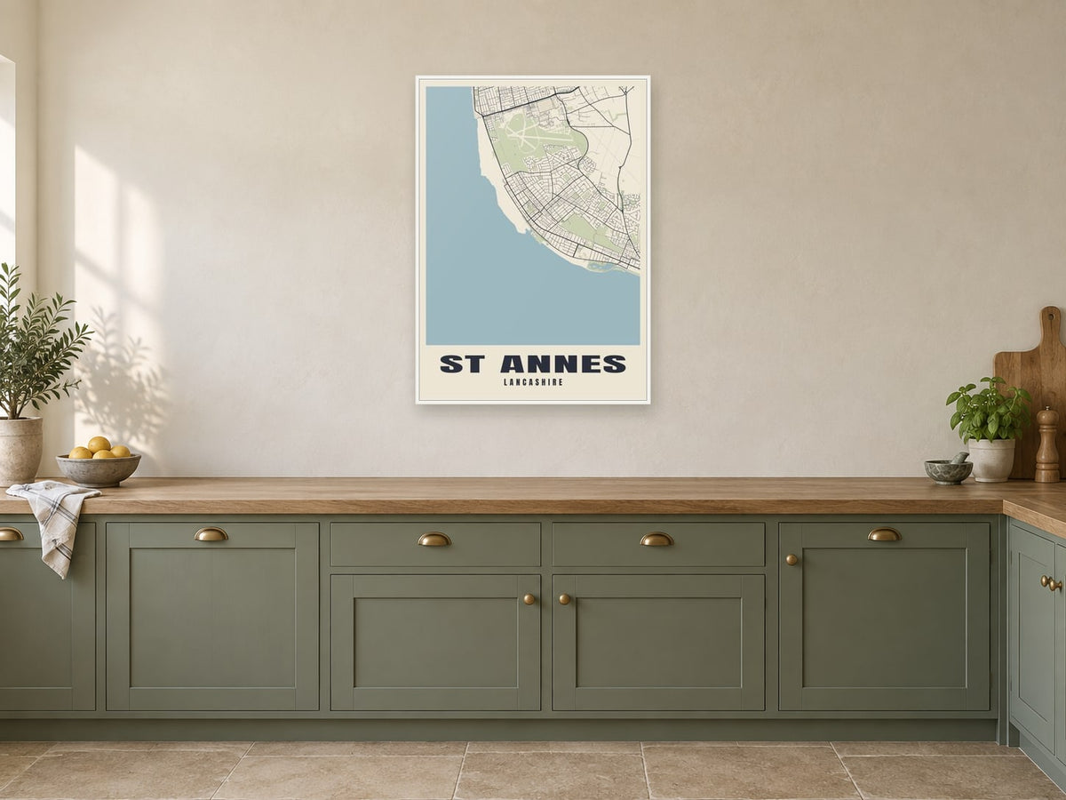 St Annes Street Map Poster at A1, in a white frame, in a kitchen