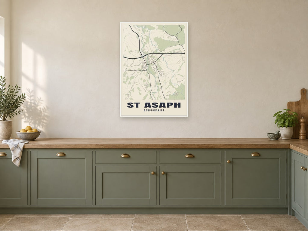 St Asaph Street Map Poster at A1, in a white frame, in a kitchen