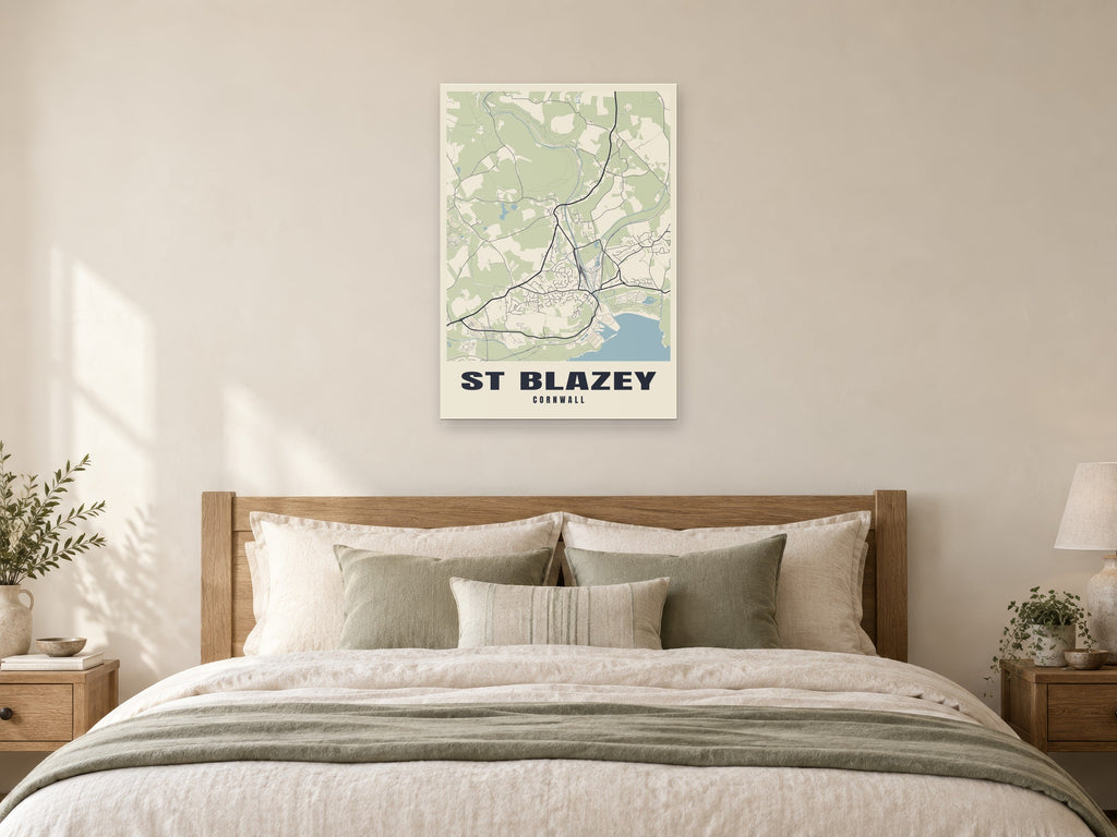 St Blazey Street Map Poster at A1, as a poster, above a bed