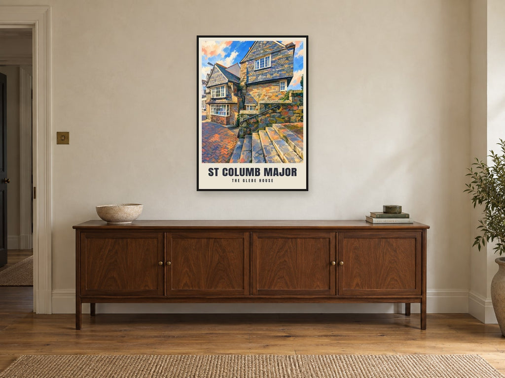 The Glebe House, St Columb Major Poster at A1, in a black frame, above a sideboard