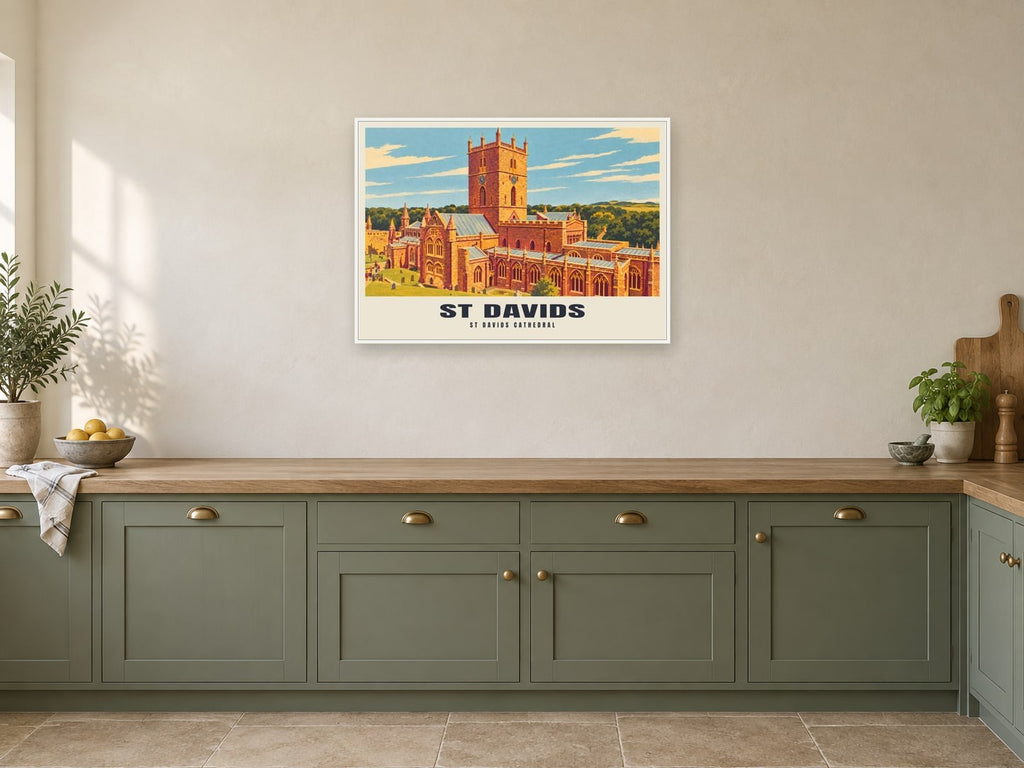 St Davids Cathedral Poster at A1, in a white frame, in a kitchen