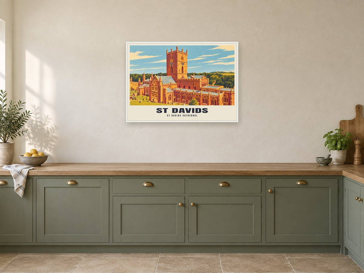 St Davids Cathedral Poster at A1, in a white frame, in a kitchen