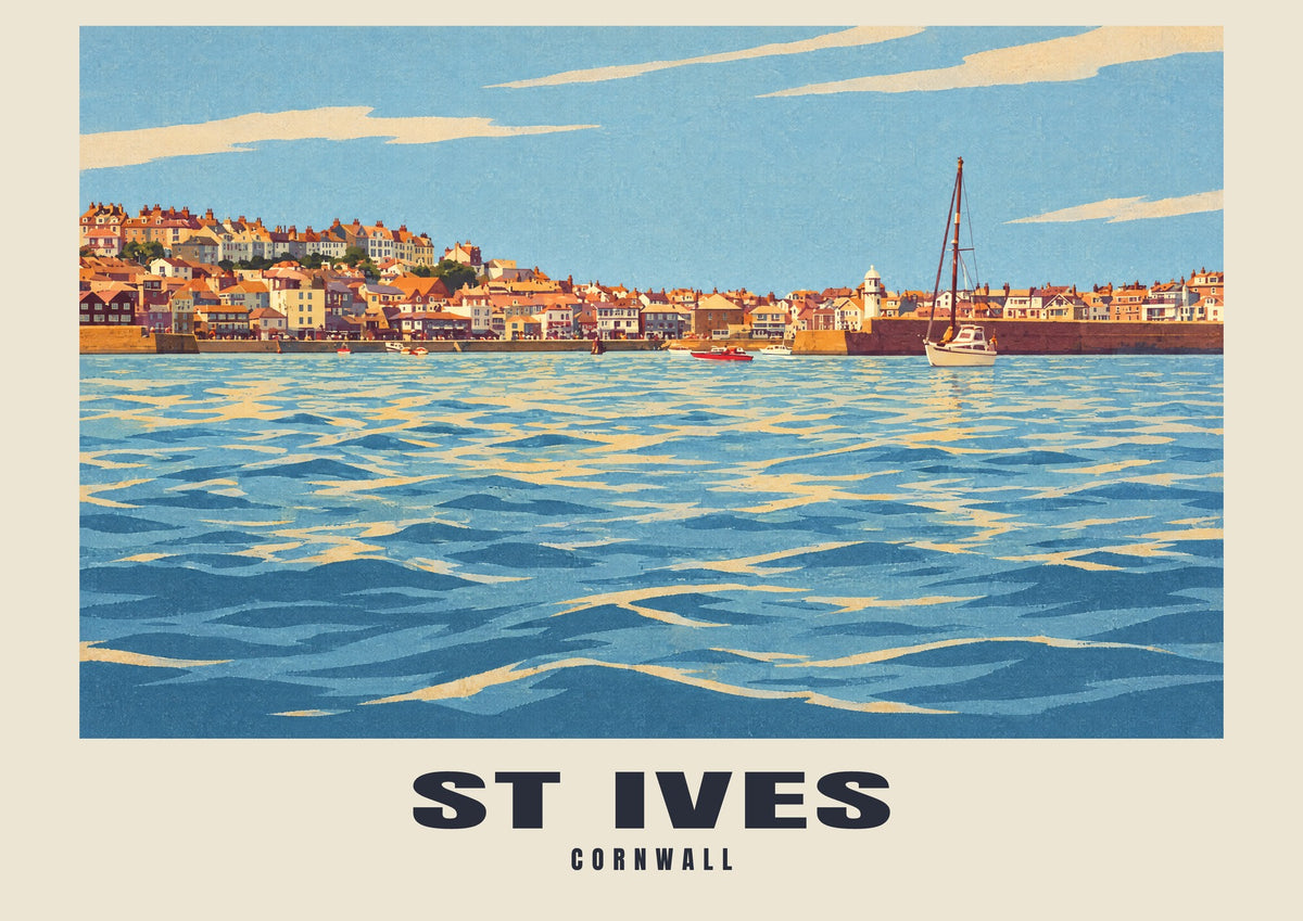 St Ives Retro Railway art print with ST IVES and CORNWALL name band