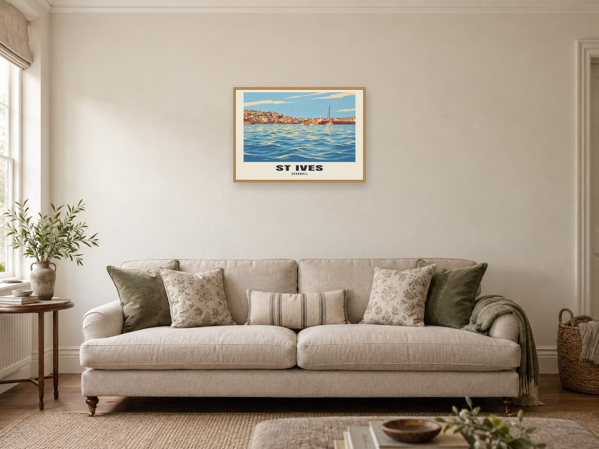 St Ives named Retro Railway print at A2, in a natural wood frame, in a sitting room