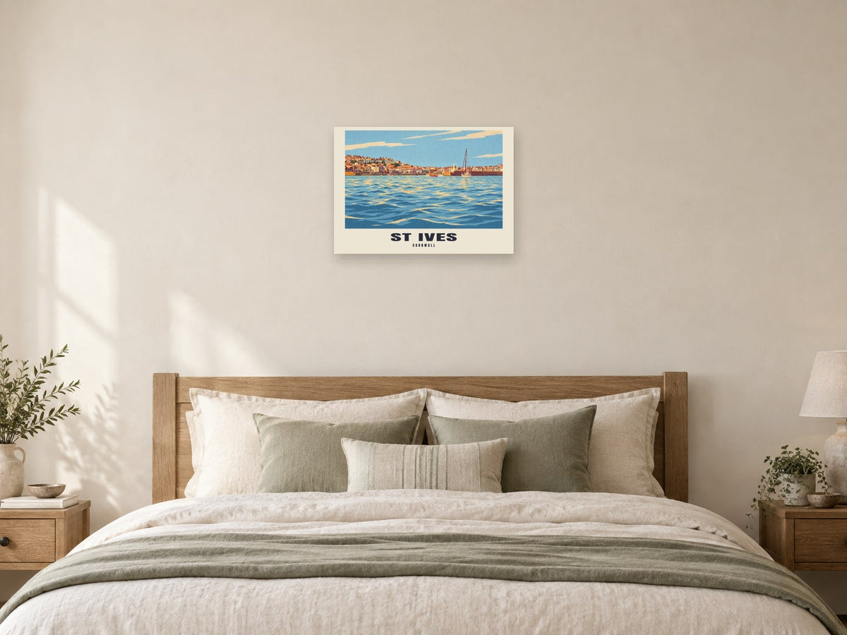 St Ives named Retro Railway print at A2, as a poster, above a bed