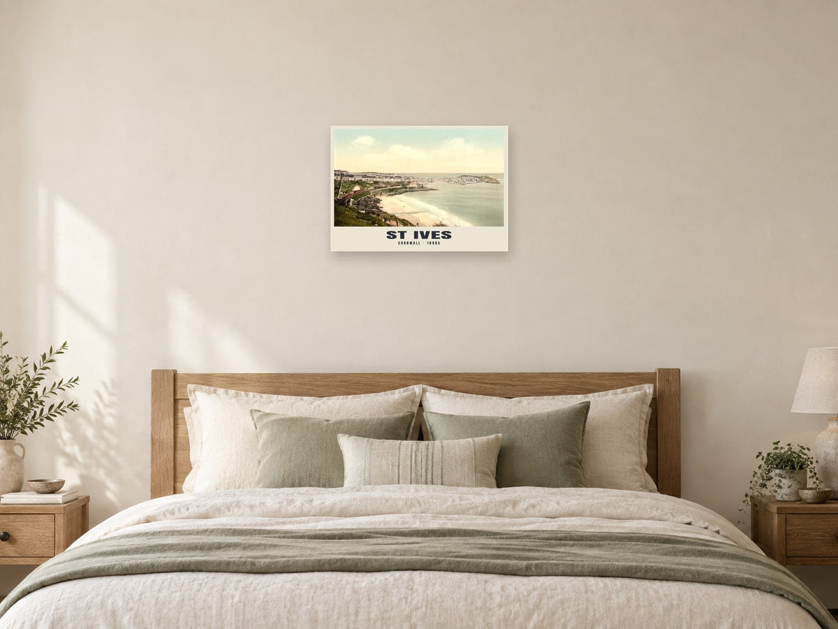 St Ives, 1890s Heritage Print at A2, as a poster, above a bed