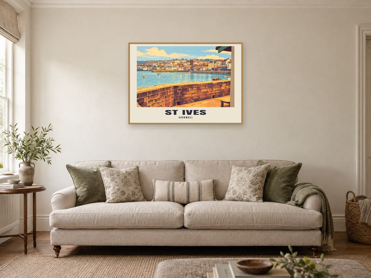 St Ives Poster — St Ives Harbour at A1, in a natural wood frame, in a sitting room