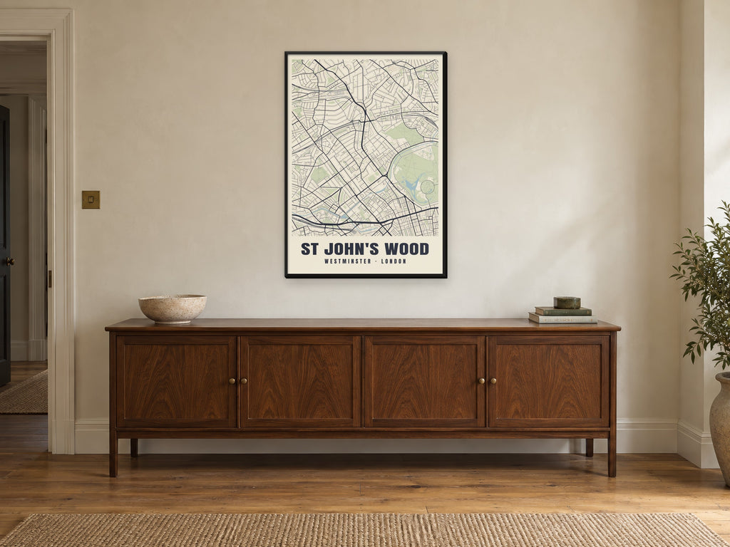 St John's Wood Heritage Street Map Poster at A1, in a black frame, above a sideboard