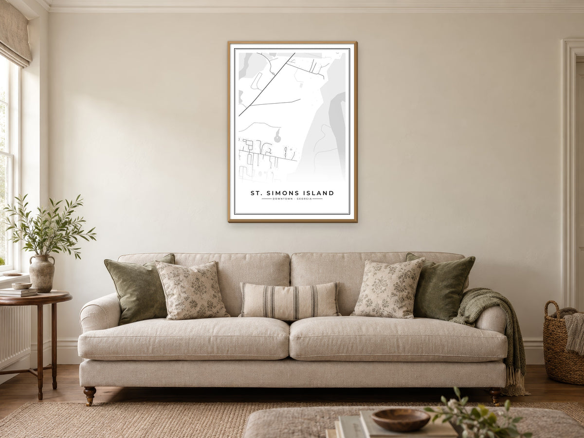 St. Simons Island Downtown Street Map Poster at A1, in a natural wood frame, in a sitting room