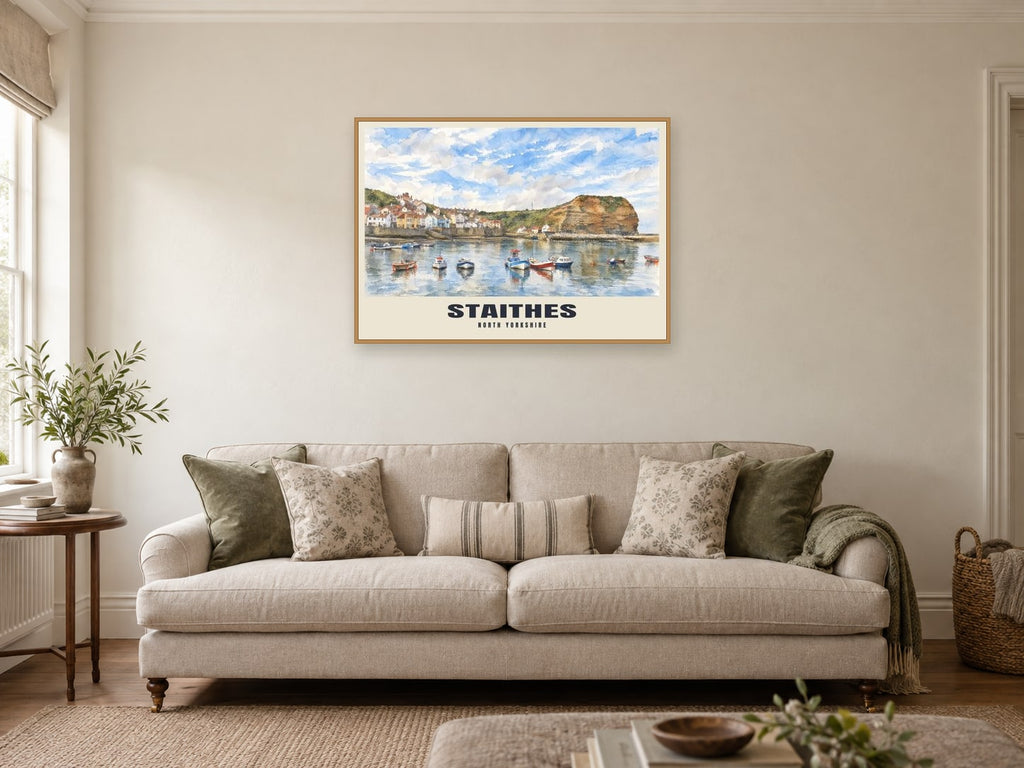 Staithes Poster at A1, in a natural wood frame, in a sitting room