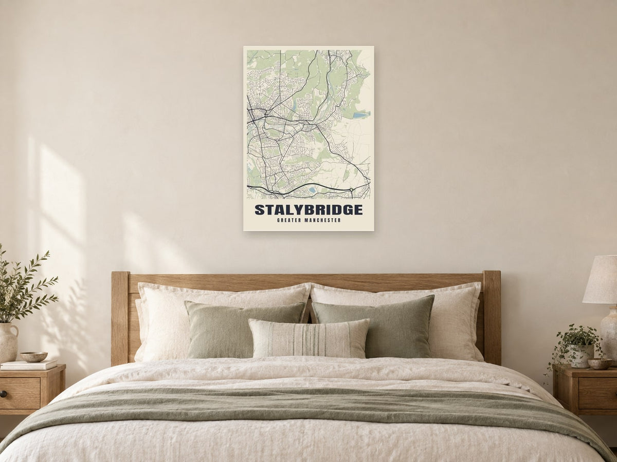 Stalybridge Street Map Poster at A1, as a poster, above a bed
