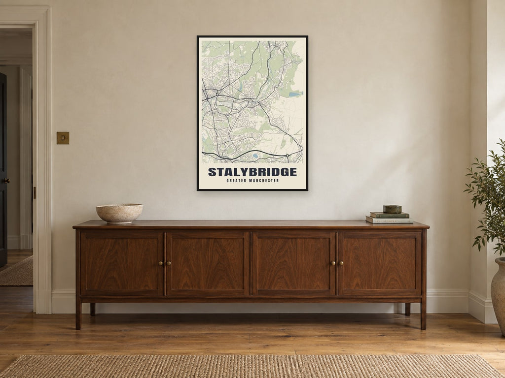 Stalybridge Street Map Poster at A1, in a black frame, above a sideboard